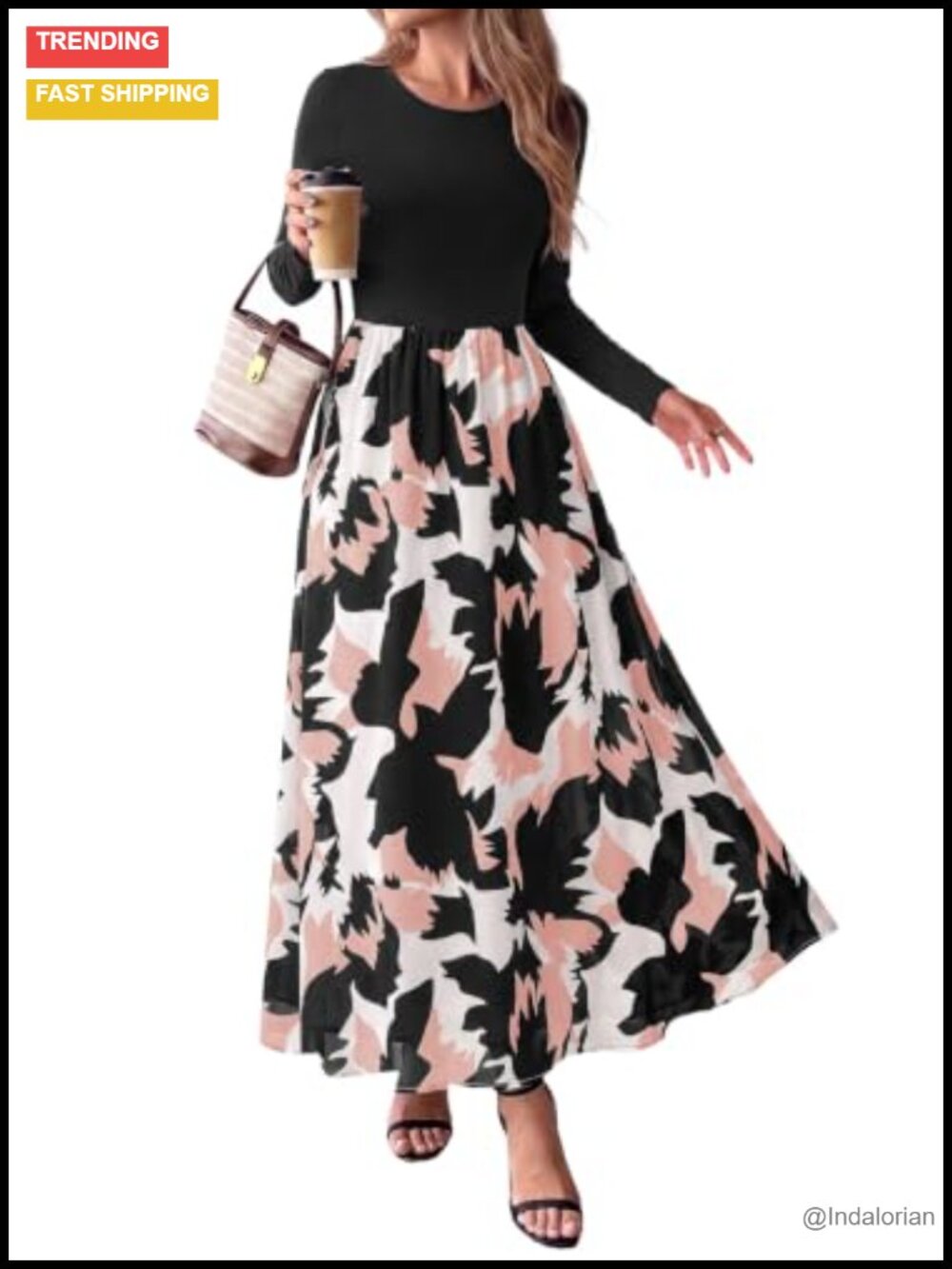 Long Sleeve Floral Maxi Dress Flowy A-Line Fall Wedding Guest